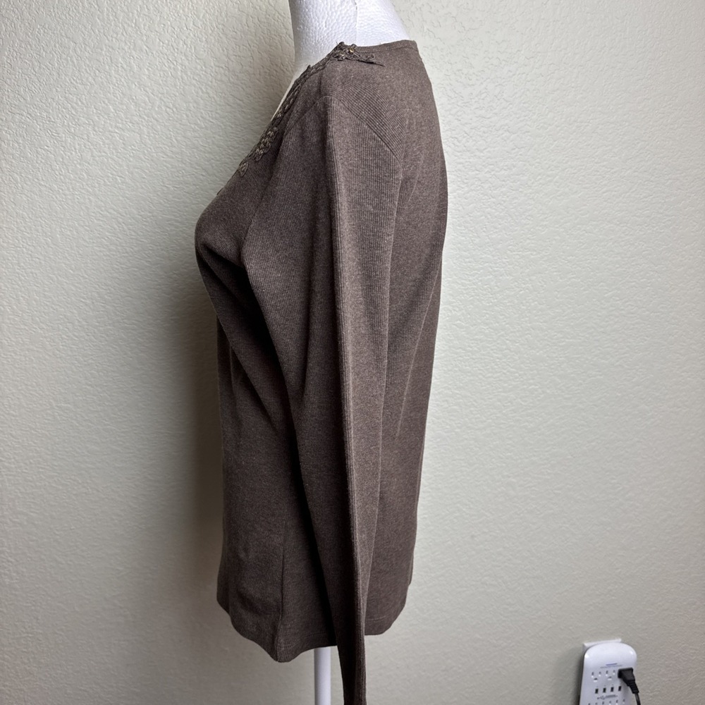 DG2 Diane Gilman Women's Top Brown Ribbed Size S Embellished Long Sleeve * - Picture 5 of 8